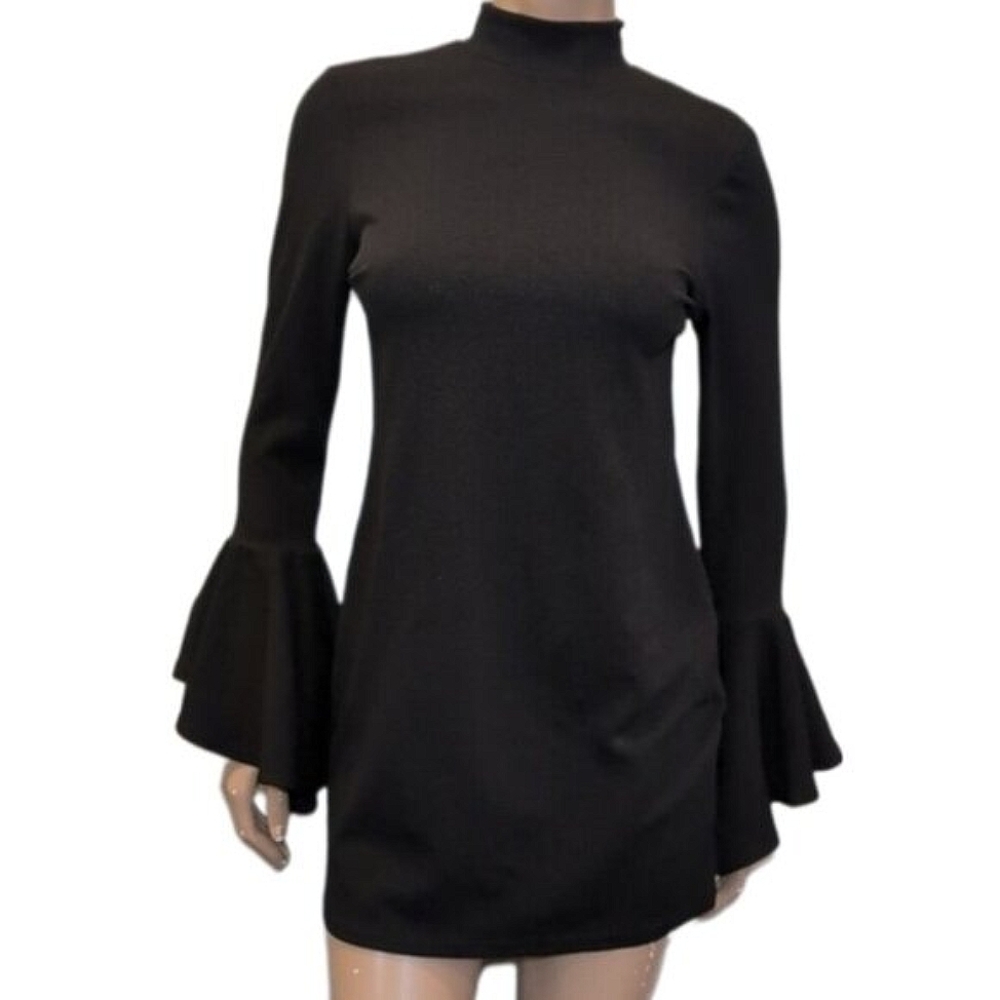 NEW Boohoo Margot Shift Dress Long Flute Sleeve Mock Neck Mini Keyhole Black